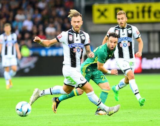Mathieu Valbuena of Fenerbahce and Peter Zulj of Sturm Graz during the UEFA Europa League match between Sturm Graz and Fenerbahce at Merkur Arena (UPC) in Graz , Austria, on 27 July 2017. 