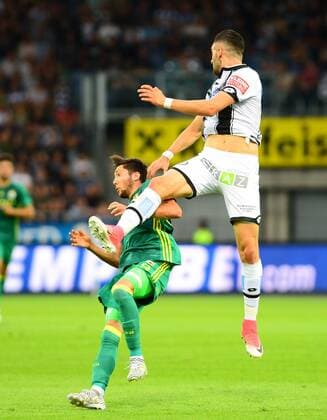 Ahmethan Kose of Fenerbahce and Charalampos Lykogiannis of Sturm Graz during the UEFA Europa League match between Sturm Graz and Fenerbahce at Merkur Arena (UPC) in Graz , Austria, on 27 July 2017. 