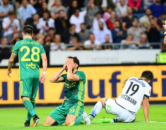 Mathieu Valbuena , Sener Ozbayrakli of Fenerbahce and Marvin Potzmann of Sturm Graz during the UEFA Europa League match between Sturm Graz and Fenerbahce at Merkur Arena (UPC) in Graz , Austria, on 27 July 2017. 