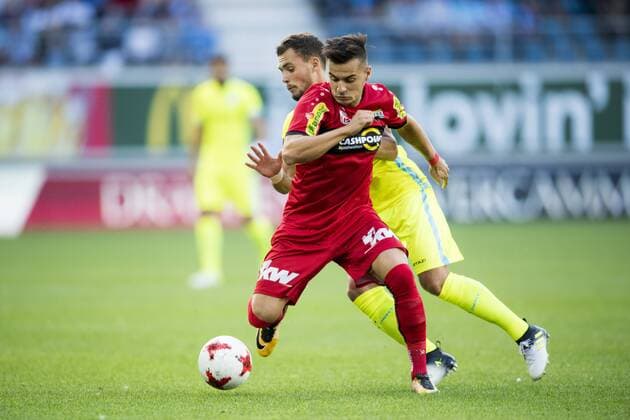 Gent s Birger Verstraete and Altach s Kristijan Dobras fight for the ball during a soccer game between Belgian club KAA Gent and Austrian team SC Rheindorf Altach, the first leg of the third qualifying round for the UEFA Europa League competition, Thursday 27 July 2017 in Gent. JASPERxJACOBS  x05139763x