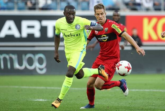 Gent s Nana Asare and Altach s Stefan Nutz fight for the ball during a soccer game between Belgian club KAA Gent and Austrian team SC Rheindorf Altach, the first leg of the third qualifying round for the UEFA Europa League competition, Thursday 27 July 2017 in Gent. VIRGINIExLEFOUR  x05139767x