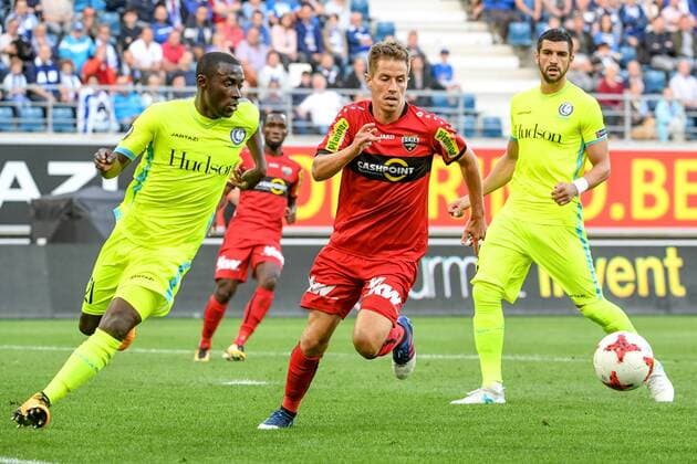SOCCER - EL quali, Gent vs Altach GENT,BELGIUM,27.JUL.17 - SOCCER - UEFA Europa League qualification, KAA Gent vs SCR Altach. Image shows Nana Asare (Gent), Stefan Nutz (Altach) and Stefan Mitrovic (Gent). GEPAxpictures xOliverxLerch