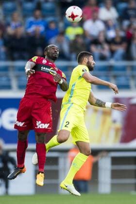Altach s Louis Ngwat-Mahop and Gent s Samuel Gigot fight for the ball during a soccer game between Belgian club KAA Gent and Austrian team SC Rheindorf Altach, the first leg of the third qualifying round for the UEFA Europa League competition, Thursday 27 July 2017 in Gent. JASPERxJACOBS  x05139793x