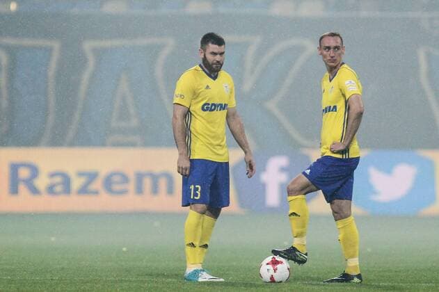 Gdynia, Stadion Miejski Gdynia Stadium 27.07.2017 LIGA EUROPY PILKA NOZNA 3 RUNDA ELIMINACJI LIGI EUROPY PIERWSZY MECZ Arka Gdynia - FC Midtjylland 2017 18 UEFA EUROPA LEAGUE FOOTBALL THIRD QUALIFYING ROUND 1ST LEG GAME Arka Gdynia - FC Midtjylland NZ grzegorz piesio , adam marciniak , FOT. GRZEGORZ RADTKE 058sport.pl NEWSPIX.PL --- Newspix.pl FRANCE OUT!  20170727_GR_7383_004_RAD