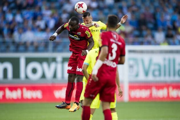 Altach s Louis Ngwat-Mahop and Gent s Danijel Milicevic fight for the ball during a soccer game between Belgian club KAA Gent and Austrian team SC Rheindorf Altach, the first leg of the third qualifying round for the UEFA Europa League competition, Thursday 27 July 2017 in Gent. JASPERxJACOBS  x05139796x