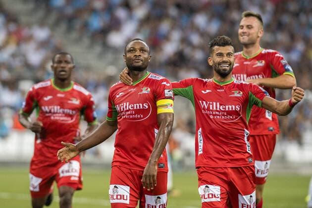 Oostende s Sebastien Siani celebrates after scoring during a soccer game between French club Olympique de Marseille and Belgian team KV Oostende, the first leg of the third qualifying round for the UEFA Europa League competition, Thursday 27 July 2017 in Marseille. LAURIExDIEFFEMBACQ  x05139817x