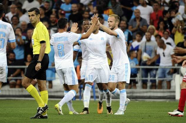 Joie but Sanson (OM) FOOTBALL : Marseille vs Oostende- Europa League - 27 07 2017 FranckPennant Panoramic 