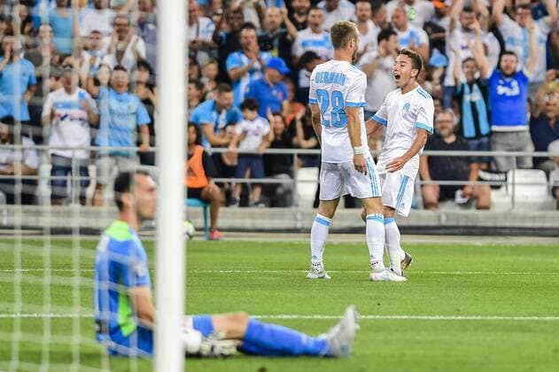 Marseille s Valere Germain celebrates after scoring during a soccer game between French club Olympique de Marseille and Belgian team KV Oostende, the first leg of the third qualifying round for the UEFA Europa League competition, Thursday 27 July 2017 in Marseille. LAURIExDIEFFEMBACQ  x05139945x