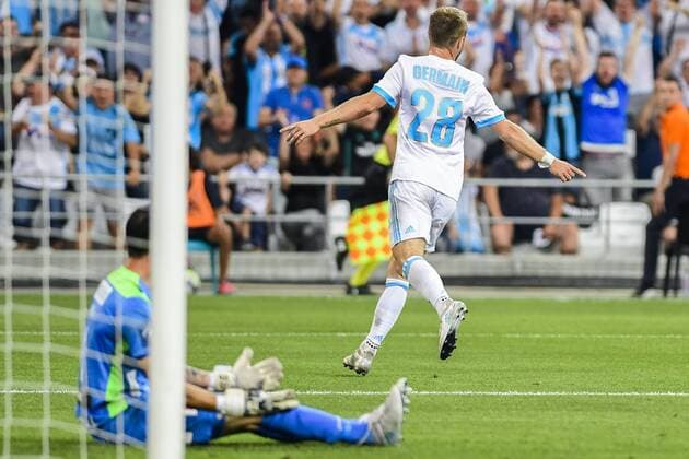 Marseille s Valere Germain celebrates after scoring during a soccer game between French club Olympique de Marseille and Belgian team KV Oostende, the first leg of the third qualifying round for the UEFA Europa League competition, Thursday 27 July 2017 in Marseille. LAURIExDIEFFEMBACQ  x05139948x