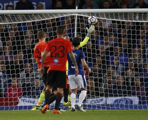 Maarten Stekelenburg of Everton makes a save to keep them in the game during the Europa League Qualifying Third Round 1st leg match at Goodison Park Stadium, Liverpool. Picture date: March 27th 2017. Pic credit should read: Simon Bellis Sportimage EDITORIAL USE ONLY. No use with unauthorised audio, video, data, fixture lists, club league logos or live services. Online in-match use limited to 120 images, no video emulation. No use in betting, games or single club league player publications.