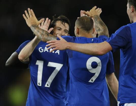 Leighton Baines of Everton celebrates scoring the first goal during the Europa League Qualifying Third Round 1st leg match at Goodison Park Stadium, Liverpool. Picture date: March 27th 2017. Pic credit should read: Simon Bellis Sportimage EDITORIAL USE ONLY. No use with unauthorised audio, video, data, fixture lists, club league logos or live services. Online in-match use limited to 120 images, no video emulation. No use in betting, games or single club league player publications.