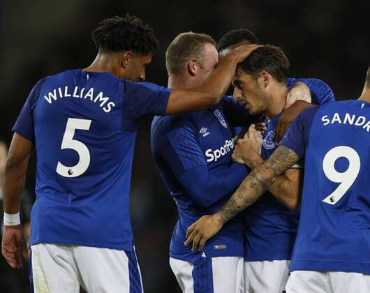 Leighton Baines of Everton celebrates scoring the first goal during the Europa League Qualifying Third Round 1st leg match at Goodison Park Stadium, Liverpool. Picture date: March 27th 2017. Pic credit should read: Simon Bellis Sportimage EDITORIAL USE ONLY. No use with unauthorised audio, video, data, fixture lists, club league logos or live services. Online in-match use limited to 120 images, no video emulation. No use in betting, games or single club league player publications.
