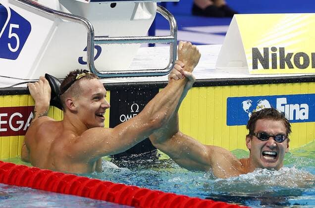 (170728) -- BUDAPEST, July 28, 2017 -- Caeleb Remel Dressel(L) and Nathan Adrian of the United States celebrate after the men s 100m freestyle swimming final at the 17th FINA Aquatics World Championships held in Budapest, Hungary on July 27, 2017. ) (SP)HUNGARY-BUDAPEST-FINA WORLD CHAMPIONSHIPS-SWIMMING-DAY 5 DingxXu 