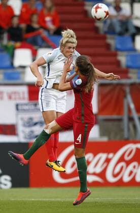 (170728) -- TILGURG, July 28, 2017 -- Millie Bright (L) of England competes for a header with Silvia Rebelo of Portugal during the UEFA Women s EURO 2017 soccer tournament Group D match between England and Portugal in Tilburg, the Netherlands, July 27, 2017. England won 2-1. ) (SP)NETHERLANDS-UEFA-WOMEN S EURO-2017-GROUP-ENGLAND-PORTUGAL YexPingfan 