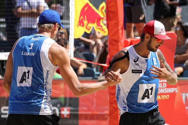 Beach volleyball Beachvolleyball - FIVB World Championships 2017 VIENNA,AUSTRIA,28.JUL.17 - BEACH VOLLEYBALL - FIVB World Championships. Image shows Viacheslav Krasilnikov and Nikita Liamin (RUS). GEPAxpictures xMaticxKlansek