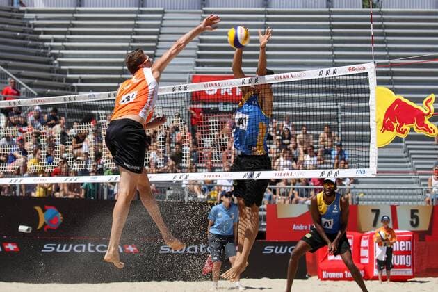 Beach volleyball Beachvolleyball - FIVB World Championships 2017 VIENNA,AUSTRIA,28.JUL.17 - BEACH VOLLEYBALL - FIVB World Championships. Image shows Christiaan Varenhorst (NED) and Evandro Goncalves and Andre Loyola (BRA). GEPAxpictures xMaticxKlansek