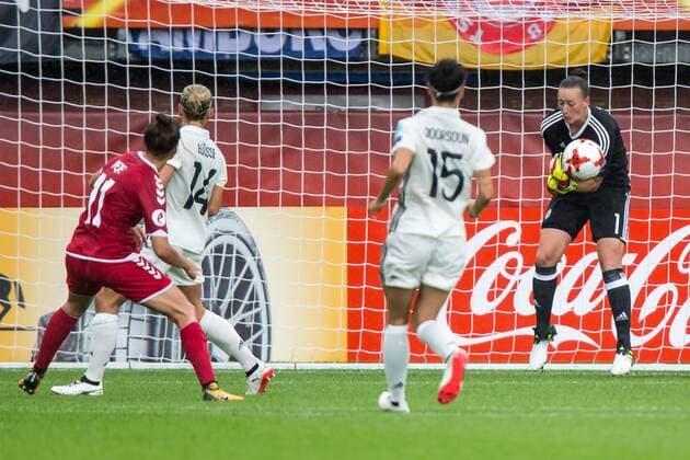 ROTTERDAM, 30-07-2017 , EK Vrouwenvoetbal 2017 , Women s Euro 2017 , Kwartfinale Duitsland - Denemarken , Sparta Stadion het Kasteel , Duitsland speelster Almuth Schult (r) met redding op inzet van Speelster van Denemarken Katrine Veje (l) Duitsland - Denemarken  x1659308x