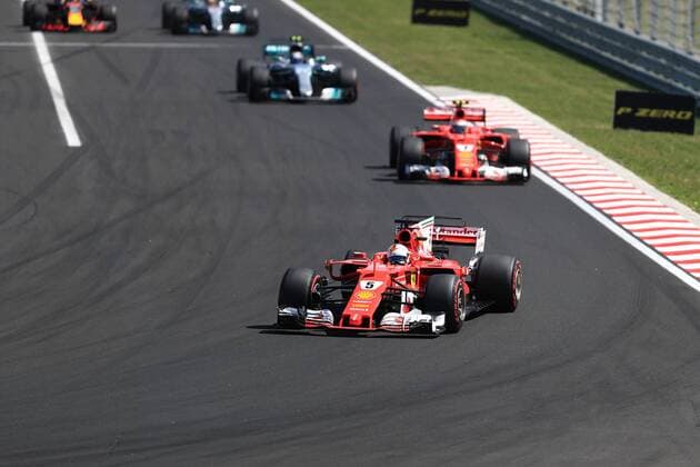 July 30th 2017, Hungaroring, Mogyor& xf3;d, Hungary; Formula One Grand Prix of Hungary, Race Day; Sebastian Vettel - Scuderia Ferrari SF70H leads at the restart followed by Kimi Raikkonen - Scuderia Ferrari SF70H xOctanex  ActionPlus11907930