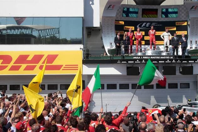 FORMULA 1 - Hungarian GP BUDAPEST,HUNGARY,30.JUL.17 - MOTORSPORTS, FORMULA 1 - Grand Prix of Hungary, Hungaroring. Image shows Jock Clear (Ferrari Engineering Director), Kimi Raikkoenen (FIN Ferrari), Sebastian Vettel (GER Ferrari) and Valtteri Bottas (FIN Mercedes). Keywords: award ceremony. GEPAxpictures xFritzxMueller