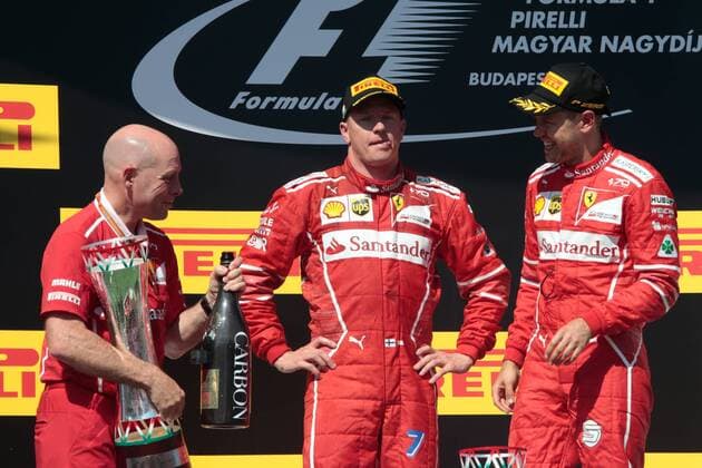 FORMULA 1 - Hungarian GP BUDAPEST,HUNGARY,30.JUL.17 - MOTORSPORTS, FORMULA 1 - Grand Prix of Hungary, Hungaroring. Image shows Jock Clear (Ferrari Engineering Director), Kimi Raikkoenen (FIN Ferrari) and Sebastian Vettel (GER Ferrari). Keywords: award ceremony. GEPAxpictures xFritzxMueller