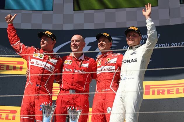 July 30th 2017, Hungaroring, Mogyor& xf3;d, Hungary; Formula One Grand Prix of Hungary, Race Day; Sebastian Vettel - Scuderia Ferrari SF70H wins the GP followed by team mate Kimi Raikkonen and Valtteri Bottas - Mercedes AMG Petronas F1 W08 EQ Energy+ xOctanex  ActionPlus11908062