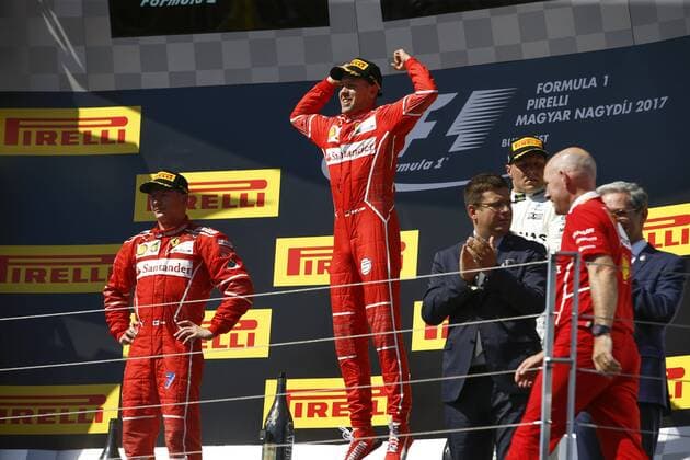 Motorsports: FIA Formula One World Championship WM Weltmeisterschaft 2017, Grand Prix of Hungary, 7 Kimi Raikkonen (FIN, Scuderia Ferrari), 5 Sebastian Vettel (GER, Scuderia Ferrari), 77 Valtteri Bottas (FIN, Mercedes AMG Petronas F1 Team), Budapest Hungary xHOCHxZWEIx
