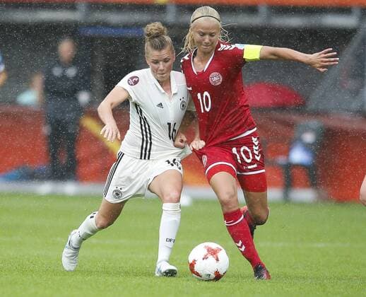 (170730) -- ROTTERDAM, July 30, 2017 -- Pernille Harder (R) of Denmark vies for the ball with Linda Dallmann of Germany during the UEFA Women s EURO 2017 soccer tournament quarter-final match between Germany and Denmark at Sparta Stadium in Rotterdam, the Netherlands, July 30, 2017. Denmark won 2-1. ) (SP)NETHERLANDS-ROTTERDAM-UEFA-WOMEN S EURO 2017-QUARTER FINAL YexPingfan 