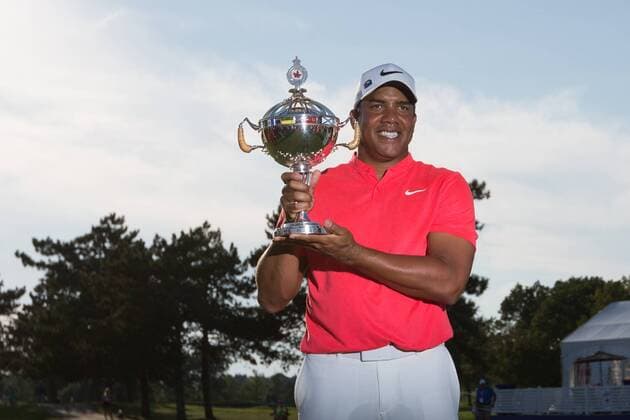 July 30, 2017: Jhonattan Vegas (VEN) poses with the RBC Canadian Open Trophy after the victory in the final round of the RBC Canadian Open at Glen Abbey Golf Club in Oakville, Ontario, Canada. Jhonattan Vegas (VEN) won the Canadian Open in a one hole playoff with Charley Hoffman to earn the win for the second consecutive year. CSM PGA Golf Herren 2017: RBC Canadian Open JUL 30 - ZUMAc04_ 20170730_zaf_c04_257 Copyright: xDanielxLeax