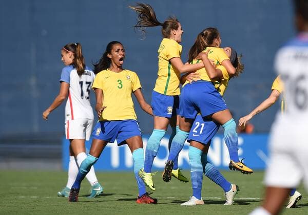 SAN DIEGO, CA - JULY 30: Brazil celebrates after scoring their first goal of the game in the first half during the Tournament of Nations soccer match between USA and Brazil on July 30, 2017 at Qualcomm Stadium in San Diego, CA. (Photo by Chris Williams Icon Sportswire) SOCCER: JUL 30 Tournament of Nations - USA v Brazil Icon00717073016089 EDITORIAL USE ONLY