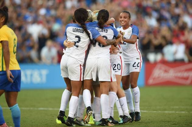 SAN DIEGO, CA - JULY 30: Julie Ertz (8) of USA celebrates with her team mates after scoring the game winning goal in the second half during the Tournament of Nations soccer match between USA and Brazil on July 30, 2017 at Qualcomm Stadium in San Diego, CA. USA defeated Brazil 4-3. (Photo by Chris Williams Icon Sportswire) SOCCER: JUL 30 Tournament of Nations - USA v Brazil Icon00717073016136 EDITORIAL USE ONLY