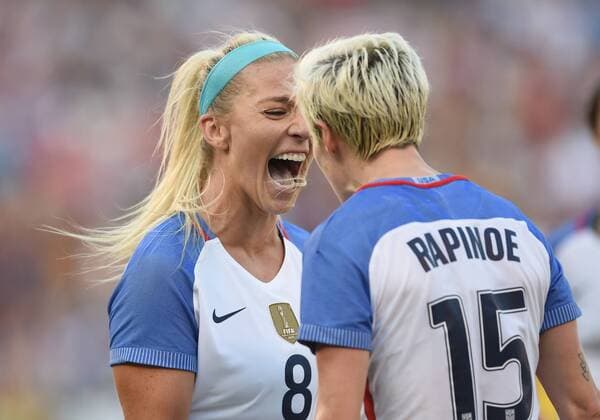 SAN DIEGO, CA - JULY 30: Megan Rapinoe (15) of USA celebrates with Julie Ertz (8) of USA after scoring the game tying goal in the second half during the Tournament of Nations soccer match between USA and Brazil on July 30, 2017 at Qualcomm Stadium in San Diego, CA. USA defeated Brazil 4-3. (Photo by Chris Williams Icon Sportswire) SOCCER: JUL 30 Tournament of Nations - USA v Brazil Icon00717073016124 EDITORIAL USE ONLY