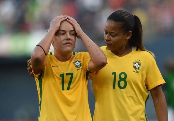 SAN DIEGO, CA - JULY 30: Andressinha (17) of Brazil and Fran (18) of Brazil walk off the field in dejection during the Tournament of Nations soccer match between USA and Brazil on July 30, 2017 at Qualcomm Stadium in San Diego, CA. USA defeated Brazil 4-3. (Photo by Chris Williams Icon Sportswire) SOCCER: JUL 30 Tournament of Nations - USA v Brazil Icon00717073016146 EDITORIAL USE ONLY