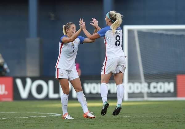 SAN DIEGO, CA - JULY 30: Abby Dahlkemper (7) of USA and Julie Ertz (8) of USA celebrate the victory during the Tournament of Nations soccer match between USA and Brazil on July 30, 2017 at Qualcomm Stadium in San Diego, CA. USA defeated Brazil 4-3. (Photo by Chris Williams Icon Sportswire) SOCCER: JUL 30 Tournament of Nations - USA v Brazil Icon00717073016141 EDITORIAL USE ONLY