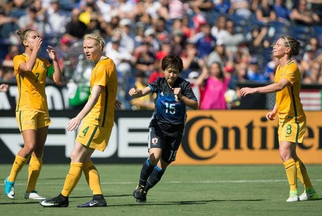 Soccer: Japan beaten by Australia 4-2 in Tournament of Nations Yuka Momiki (2nd from R) celebrates after scoring a goal for Japan in the second half of a Tournament of Nations game against Australia in San Diego on July 30, 2017. Australia won 4-2. 