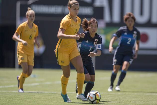 SAN DIEGO, CA - JULY 30: Emi Nakajima (7) of Japan and Steph Catley (7) of Australia during the Tournament of Nations soccer match between Japan and Australia on July 30, 2017 at Qualcomm Stadium in San Diego, CA. (Photo by Alan Smith Icon Sportswire) SOCCER: JUL 30 Tournament of Nations - Japan v Australia Icon1707300003 EDITORIAL USE ONLY