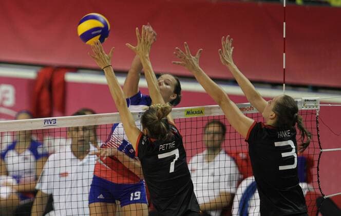 R-L Denise Hanke (GER), Jennifer Pettke (GER) and Petra Kojdova (CZE) in action during the FIVB World Grand Prix 2017 volleyball match for third place between Czech Republic and Germany in Ostrava, Czech Republic, on July 30, 2017. (CTKxPhoto PetrxSznapka) CTKPhotoP201707300363801  SZN 17