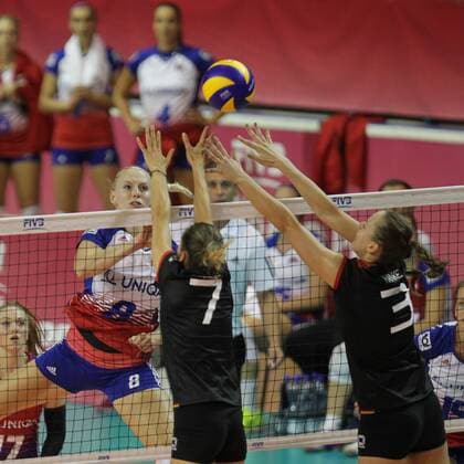 Barbora Puchartova (CZE) (left) in action during the FIVB World Grand Prix 2017 volleyball match for third place between Czech Republic and Germany in Ostrava, Czech Republic, on July 30, 2017. (CTKxPhoto PetrxSznapka) CTKPhotoP201707300363901  SZN 18