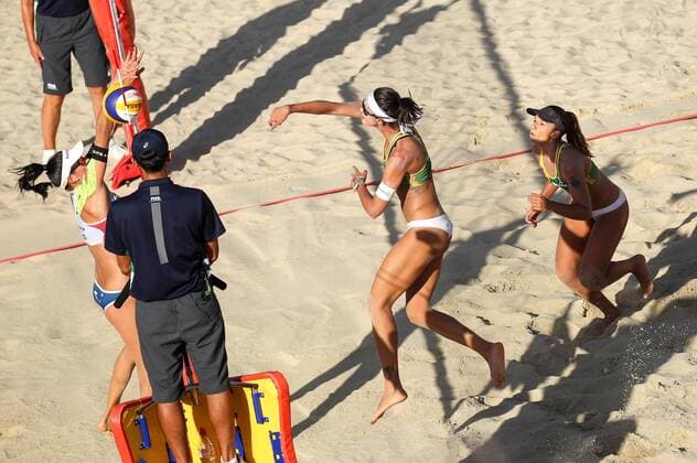 Beach volleyball Beachvolleyball - FIVB World Championships 2017 VIENNA,AUSTRIA,31.JUL.17 - BEACH VOLLEYBALL - FIVB World Championships, ladies. Image shows Joana Heidrich (SUI) and Barbara Seixas De Freitas and Fernanda Berti Alves (BRA). GEPAxpictures xMaticxKlansek