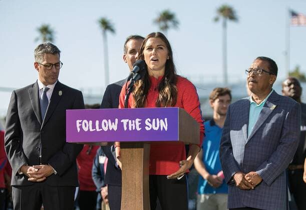 July 31, 2017 - Carson, California, U.S - Alex Morgan of the Women national team Nationalteam speaks as Los Angeles Mayor Eric Garcetti (L) and LA 2024 Bid Chairman Casey Wasserman arrive to announce a deal has been reached with the International Olympic Committee to host the 2028 Summer Olympics during a news conference at StubHub Center on Monday July 31, 2017, in Carson, California. L.A. to host 2028 Summer Olympics - ZUMAp124 20170731_zaa_p124_008 Copyright: xJavierxRojasx