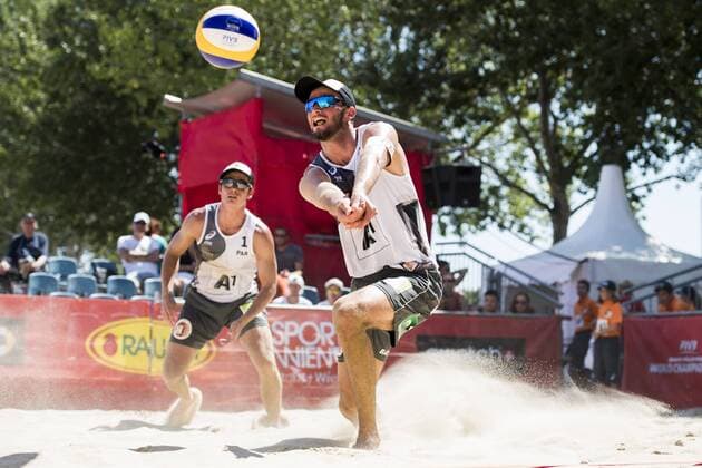 VIENNA, AUSTRIA - JULY 31: Gregorio Godoy and Roger Daniel Battilana Villamayor of Paraguay in action during Day 4 of the FIVB Beach volleyball Beachvolleyball World Championships 2017 on July 31, 2017 in Vienna, Austria. (Photo by Malte Christians Hoch Zwei) Vienna Austria xHOCHxZWEIx