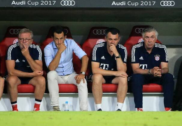 20170801, Audi Cup 2017, Bayern München - FC Liverpool, Allianz Arena, Fussball, im Bild: Giovanni Mauri, Hassan Salihamidcicz,Co Trainer Willy Sagnol (FCB) und Carlo Ancelotti (FCB)
