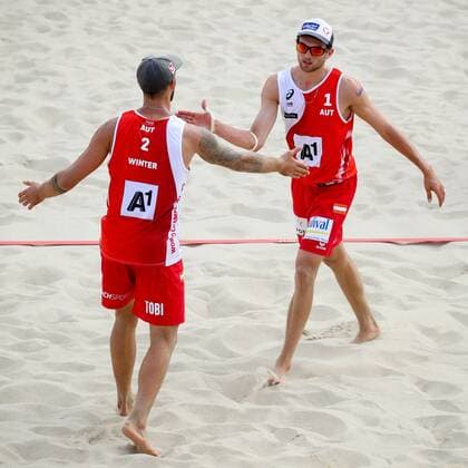 Beach volleyball Beachvolleyball - FIVB World Championships 2017 VIENNA,AUSTRIA,02.AUG.17 - BEACH VOLLEYBALL - FIVB World Championships, men. Image shows Robin Valentin Seidl and Tobias Winter (AUT). GEPAxpictures xMaticxKlansek