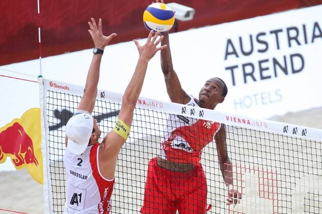 Beach volleyball Beachvolleyball - FIVB World Championships 2017 VIENNA,AUSTRIA,02.AUG.17 - BEACH VOLLEYBALL - FIVB World Championships. Image shows Christoph Dressler (AUT) and Marlon Philipp (TTO). GEPAxpictures xChristianxWalgram