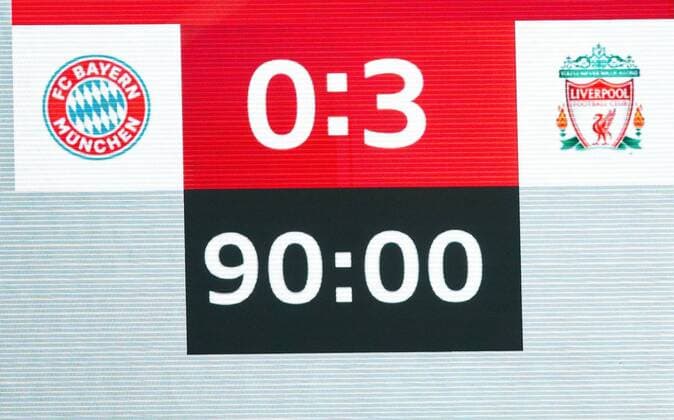 Anzeigetafel, Screen, Screenboard, digital, LED, Anzeige, Monitor,Ergebnis, Endergebnis 90.Minute Spielminute FC BAYERN MUENCHEN - FC LIVERPOOL 0-3 Halbfinale Fussball AUDI CUP 2017 in Muenchen am 01.08.2017, Saison 2017 2018