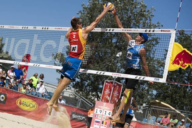 VIENNA, AUSTRIA - AUGUST 01: Tom Van Walle of Belgium competes against Nikita Liamin of Russia during Day 5 of the FIVB Beach volleyball Beachvolleyball World Championships 2017 on August 1, 2017 in Vienna, Austria. (Photo by Malte Christians Hoch Zwei) Vienna Austria xHOCHxZWEIx