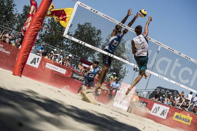 VIENNA, AUSTRIA - AUGUST 01: Mauricio Sebastian Vieyto Acosta of Uruguay spikes the ball during Day 5 of the FIVB Beach volleyball Beachvolleyball World Championships 2017 on August 1, 2017 in Vienna, Austria. (Photo by Malte Christians Hoch Zwei) Vienna Austria xHOCHxZWEIx