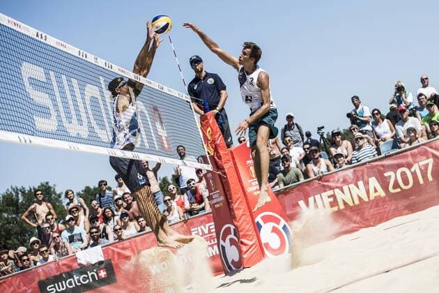 VIENNA, AUSTRIA - AUGUST 01: Marco Cairus Lucarelli of Uruguay spikes the ball during Day 5 of the FIVB Beach volleyball Beachvolleyball World Championships 2017 on August 1, 2017 in Vienna, Austria. (Photo by Malte Christians Hoch Zwei) Vienna Austria xHOCHxZWEIx