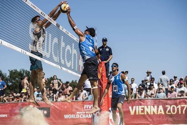 VIENNA, AUSTRIA - AUGUST 01: Adrian Carambula of Italy spikes the ball during Day 5 of the FIVB Beach volleyball Beachvolleyball World Championships 2017 on August 1, 2017 in Vienna, Austria. (Photo by Malte Christians Hoch Zwei) Vienna Austria xHOCHxZWEIx