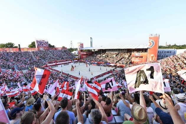 VIENNA, AUSTRIA - AUGUST 01: Center Court Overview seen during Day 5 of the FIVB Beach volleyball Beachvolleyball World Championships 2017 on August 1, 2017 in Vienna, Austria. (Photo by Bernhard Horst Hoch Zwei) Vienna Austria xHOCHxZWEIx