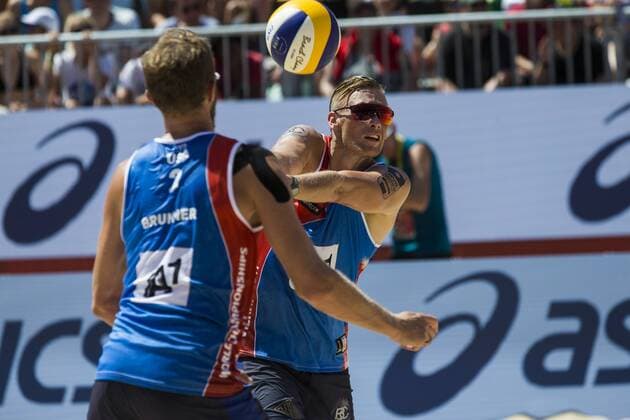 VIENNA, AUSTRIA - AUGUST 02: Casey Patterson of United States in action during Day 6 of the FIVB Beach volleyball Beachvolleyball World Championships 2017 on August 2, 2017 in Vienna, Austria. (Photo by Michael Kunkel Hoch Zwei) Vienna Austria xHOCHxZWEIx